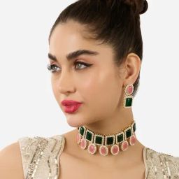 Zaveri Pearls Green Pink Austrian Diamonds Choker Necklace & Earring Set-ZPFK17555-8