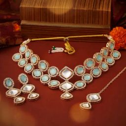 Zaveri Pearls Turquoise Austrian Diamonds Necklace Earring Maangtikka Set-ZPFK17559-38