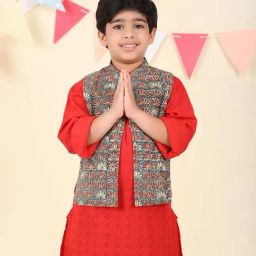 Fabindia Boys Indigo Regular Fit Cotton Floral Nehru Jacket-image-87