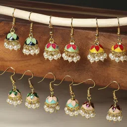 Anouk Set Of 6 Gold Plated Artificial Beaded Dome Shaped Meenakari Jhumkas-29
