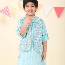Fabindia Boys Teal Regular Fit Cotton Floral Nehru Jacket-image-69