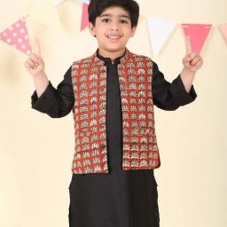 Fabindia Boys Red Regular Fit Cotton Floral Nehru Jacket-image-12