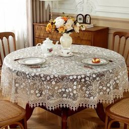 MONKDECOR Gold-Toned Floral Embroidered Anti-Skid Round 6-Seater Table Cover-18