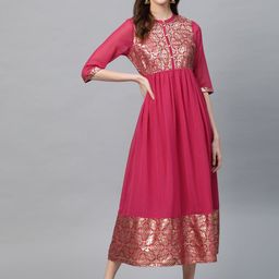 AURELIA Women Pink & Golden Printed A-Line Dress-image-55
