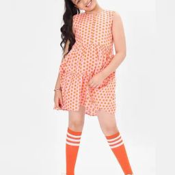 Bonkids Girls Polka Dots Printed Cotton Fit & Flare Tiered Dress-image-2