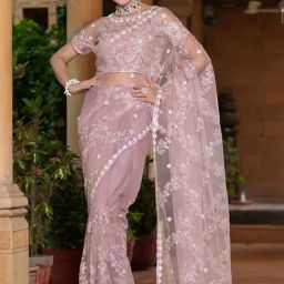 Satrani Dusty Pink Embroidered Saree With Unstitched Blouse-image-97