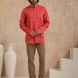 House of Chikankari Mandarin Collar Ethnic Motif Woven Design Cotton Straight Short Kurta-image-17