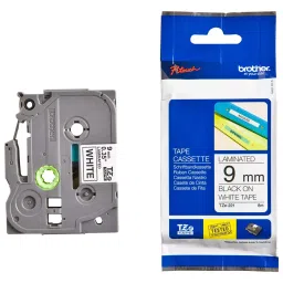 BROTHER Tape, Black On White, 9Mm W, 8M L, TZE-221-20
