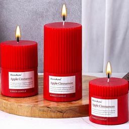 Asian Aura Apple Cinnamon Ribbed Pillar Candles Pack of 3 Scented Candles for Home Dcor-5
