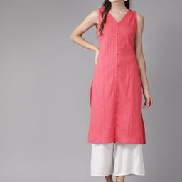 anayna Women Pink Self Striped Straight Kurta-22