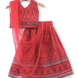 Babyhug Sleeveless Chanderi Printed Choli with Lehenga and Dupatta Set - Maroon-image-86