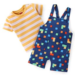 Babyhug 100% Cotton Knit Dungaree & Half Sleeves T-Shirt Set Tetris Print - Blue Yellow & White-image-44