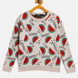 RVK Full Sleeves Watermelon Designed Cotton Pullover Sweater - Beige-picture-15
