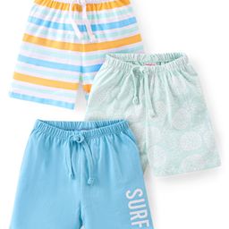 Babyhug Cotton Single Jersey Knit Shorts Stripes & Text Print Pack Of 3 - Blue-image-39