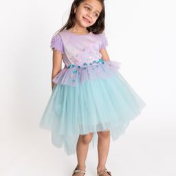 A Little Fable Mermaid Theme Short Sleeves Accordion Bodice Detailed & Sequin Embellished High Low Dress - Multi Color-4