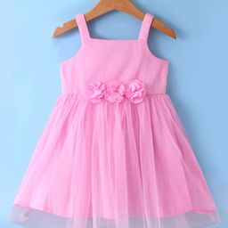 Babyhug Sleeveless Fit & Flared Solid Colour Party Frock with Floral Applique - Pink-picture-26