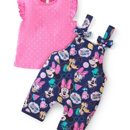 Babyhug Disney Single Jersey Knit  Dungaree with Frill Sleeve T-Shirt with Frill Detailing & Minnie Mouse Family  Print - Navy Blue & Pink-image-8
