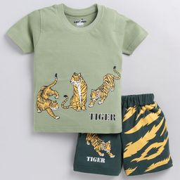 CUTOPIES Cotton Half Sleeves Tiger Printed Tee & Shorts Set - Olive-image-5