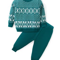 Babyhug Knitted Full Sleeves Pullover Sweater Set with Aztec Design  - Green-image-81
