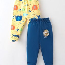 OHMS Single Jersey Knit Footed Bootie Leggings With Animals Print Pack Of 2 - Blue & Yellow-image-27