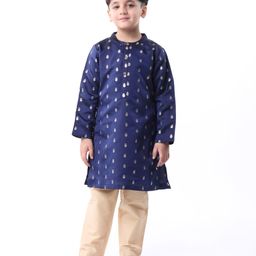 Babyhug Lurex Woven Full Sleeves Dobby Kurta Payjama Set with Floral Foil Print -  Navy Blue-image-95