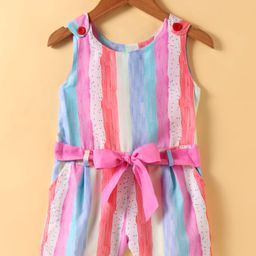 Dew Drops Cotton Knit Sleeveless Striped Jumpsuit with Fabric Belt - Pink-image-69