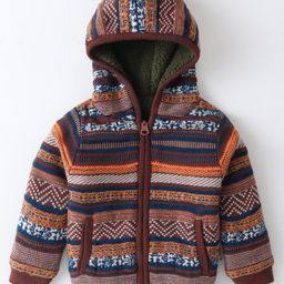 Yellow Apple Knitted Full Sleeves Hooded Sweatshirt with Aztec Design - Brown-15