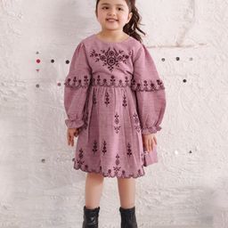 Tiny Twills Linen Full Sleeves Floral Embroidered Flared Dress - Pink-image-50