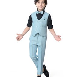 Earth Conscious Full Sleeves 3 Piece Solid Coordinating Party Suit Set With Bow - Black & Sea Green-image-52