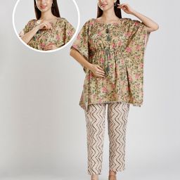 True Shape Cotton Half Batwing Sleeves Floral Printed & Lace Embellished Coordinating Maternity Kaftan Kurta With Nursing Access & Pant Set - Green-picture-12