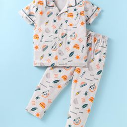 Doreme Single Jersey Knit Full Sleeves Beach Theme Printed Night Suit - Ivory-image-2