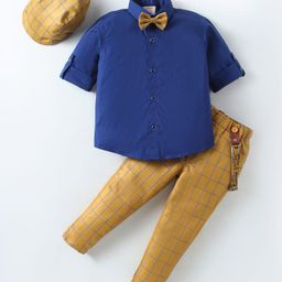 Rikidoos Full Sleeves Solid Shirt With Checked Pant Bow Cap & Suspender Set - Blue & Khaki-image-11