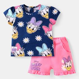Babyhug Disney Single Jersey Knit Half Sleeves T-Shirt & Shorts Set With Daisy Duck Graphics & Frill Detailing - Navy Blue & Pink-image-73