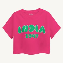 Guugly Wuugly Pure Combed Cotton Half Sleeves India 1947 Text Printed Skin Friendly Crop Top - Pink-image-1