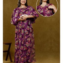 Dummy Shape Cotton Rayon Half Cape Sleeves Floral Printed Maternity Dress With Zipper Nursing Access - Purple-image-62