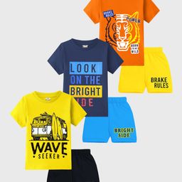 KUCHIPOO Cotton Blend Pack Of 3 Half Sleeves Look On The Bright Side Text & Tiger Printed Coordinating Tees & Shorts Set - Orange Yellow Blue Black & Navy Blue-53