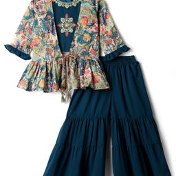 Babyhug Woven Floral Embroidered Top & Palazzo Set With Full Sleeves Shrug - Teal Blue-image-49