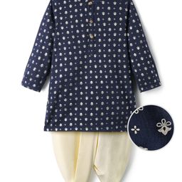 EARTHY TOUCH Single Jersey Knit Full Sleeves Kurta Dhoti Set With Foil Print - Navy Blue & White-image-30