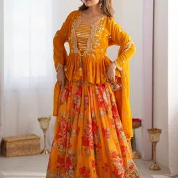 SHOPGARB Embellished Thread Work Semi-Stitched Lehenga & Unstitched Blouse With Dupatta-0