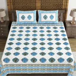 Sangria White & Blue Ethnic Motifs Pure Cotton 210TC Double King Bedsheet Set-2.74mx2.28m-image-80