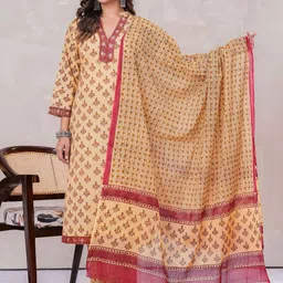 VASUPRADA Women Ethnic Motifs Printed Regular Mirror Work Pure Cotton Kurta with Trousers & With Dupatta-17