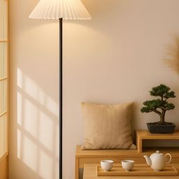 Homesake White & Black Metal Mid-Century Pole Lamp With Linen Lamp Pleated-image-10