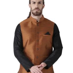 Deyann Brown Sleeveless Silk Nehru Jacket-image-12