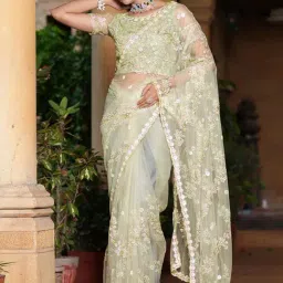 Satrani Green Embroidered Saree With Unstitched Blouse-picture-29