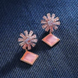 Zaveri Pearls Baby Pink Stone & Dazzling Baguette Diamonds Brass Drop Earring-ZPFK15927 image 2