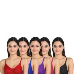 AROUSY Blue & Red Cotton Everyday Bras - Pack Of 5-image-96