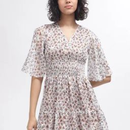Elle Off White & Brown Floral Print Fit & Flare Dress-picture-34