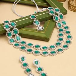 Zaveri Pearls Green Austrian Diamonds Necklace Earring Maangtikka Set-ZPFK17569-image-78