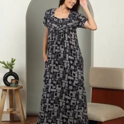 Sweet Dreams Navy Blue Viscose Geometric Night Dress-image-21
