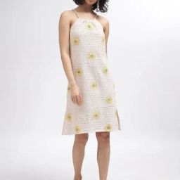 Elle Beige & Yellow Cotton Self Design A Line Dress-image-55